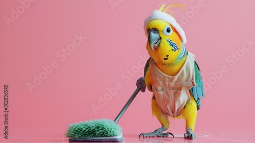Surreal Parakeet Cleaner Working on Vivid Pink Background photo