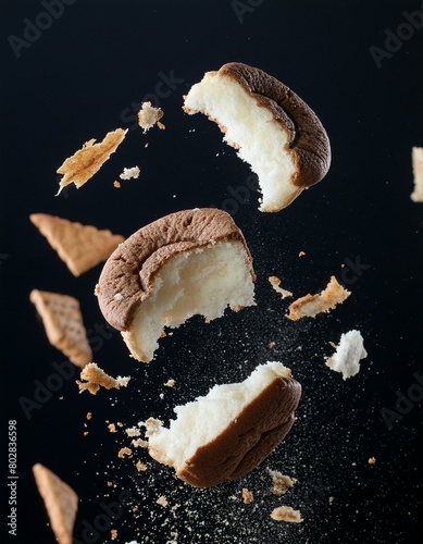 Pile cake crumbs, cookie flying isolated on black, clipping path photo