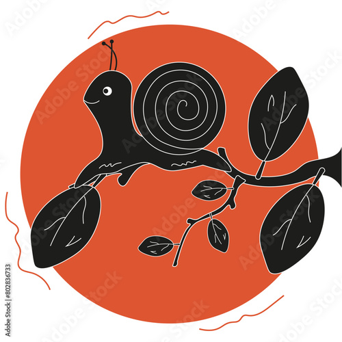 Vector card with Cordel style snail isolated transparent backgound. Simple black Minimalism art with escargot on the tree branch. Vector can used t-shirt print, children postcard cover design.