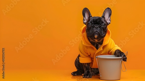 French Bulldog Custodian Cleaning Tile on Bold Orange Background photo