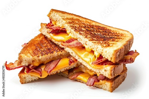 Delicious toasted sandwiches with cheddar cheese and bacon isolated on white background top view