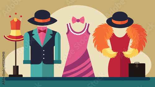 A section dedicated to vintage clothing featuring feather boas sequined flapper dresses and brightly colored bowler hats.. Vector illustration