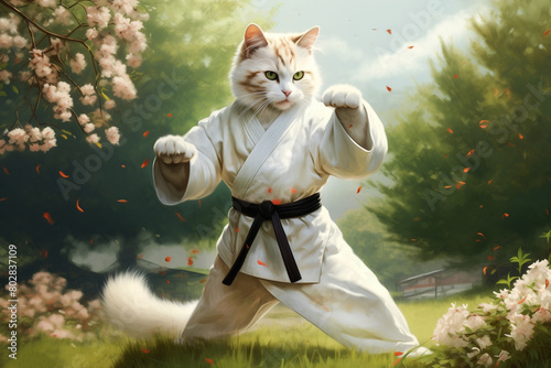 A cat in a kimono practices karate in nature.