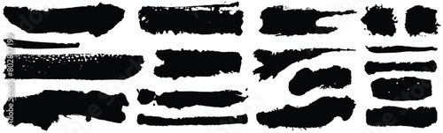 Set of different grunge brush strokes. Dirty artistic design elements isolated on white background. Black paint hand made, dry ink text box. Vector brush smear 