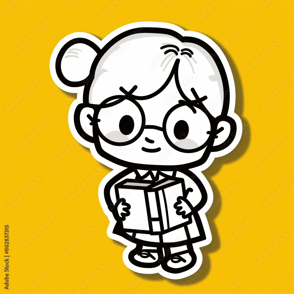 a cute young librarian illustration style sticker with white outline on yellow background without any shadow or gradient. a cute young librarian illustration style sticker with white outline on yellow background without any shadow or gradient.