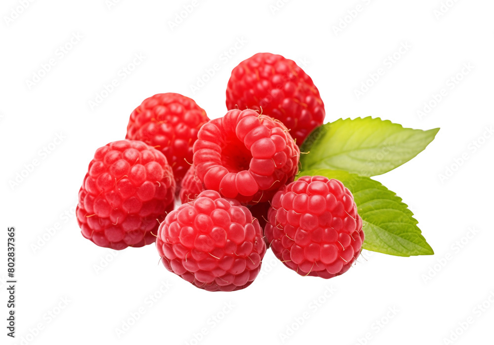 A cluster of ripe raspberries with a vibrant green leaf on a transparent background. Generative AI A cluster of ripe raspberries with a vibrant green leaf on a transparent background. Generative AI