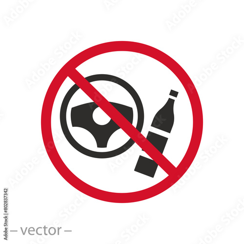 don't drunk driving icon, prohibition drink and drive, wine bottle with car wheel, flat vector illustration