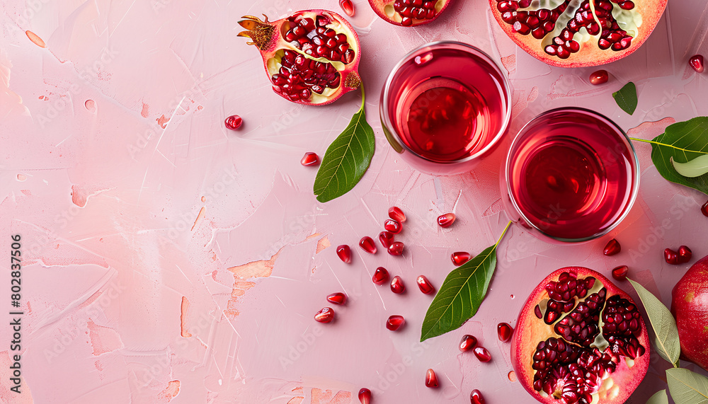 Fototapeta premium Board with glass of fresh pomegranate juice on colorful background