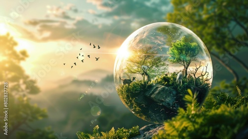 A glass globe filled with lush forests and wild animals, floating in a clear sky, with gentle rays of sunlight illuminating it from behind