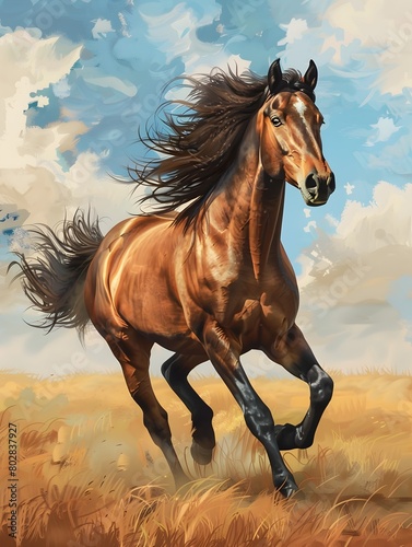 Majestic Horse Galloping Freely Across Vast Meadow with Flowing Mane and Tail