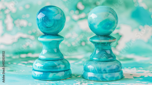 Two blue chess pieces are sitting on a blue background