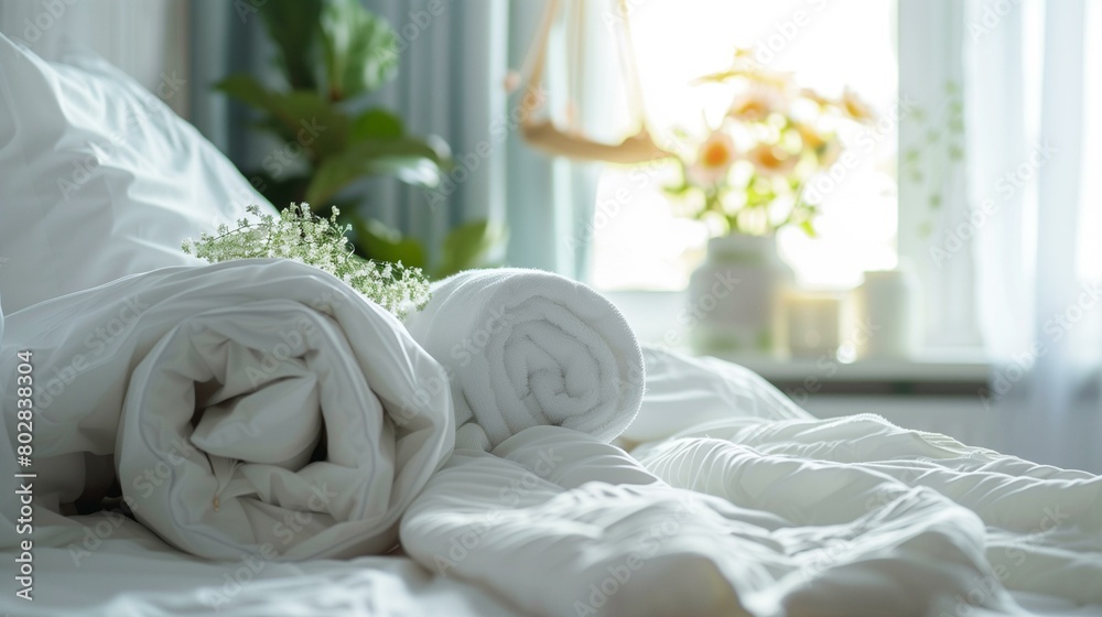 Sleep environment hygiene concept, bed with white sheets and pillows, elegance decoration hotel room luxury curtain Sleep environment hygiene concept, bed with white sheets and pillows, elegance decoration hotel room luxury curtain