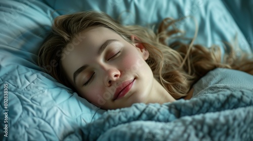 Sleep environment hygiene concept, beautiful young woman sleeping in bed, eyes closed beauty comfortable cute bedding