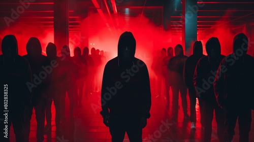 Red team cyber security, man in hoodie standing in dark room with red light behind him, performance space unrecognizable person spectator nightlife performance photo