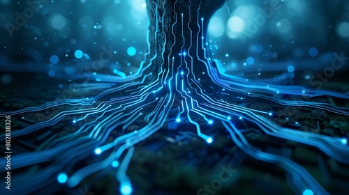 Rootkit attack cyber security, tree with roots, connection concept mother board equipment idea photo