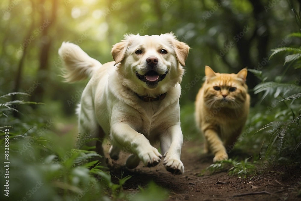 Fototapeta premium golden retriever puppy with a golden persian cat