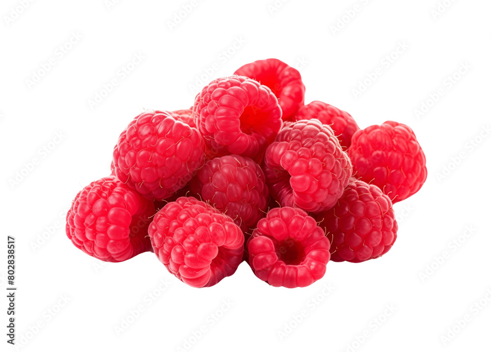 A cluster of ripe raspberries with a vibrant green leaf on a transparent background. Generative AI A cluster of ripe raspberries with a vibrant green leaf on a transparent background. Generative AI