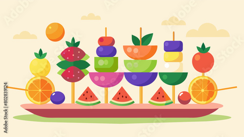 A display of colorful and artistically arranged fruit kebabs adding a festive touch to the Juneteenth cookout spread.. Vector illustration
