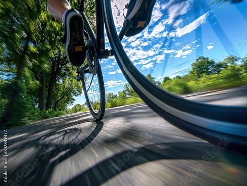 A cyclist's perspective of a high-speed ride on a sunny day with motion blur effect. © cherezoff
