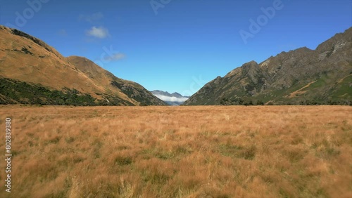 Grasslands near Moke Lake and Closeburn in Queenstown, South Island New Zealand - low altitude aerial photo