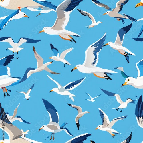 Seamless pattern of seagulls soaring against a clear blue sky  Generative AI