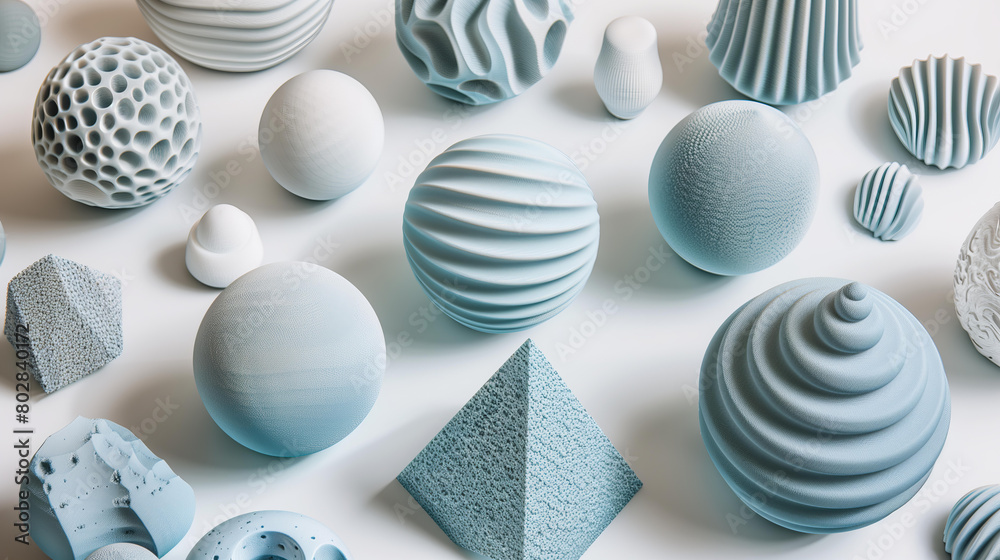 Fototapeta premium collection of blue 3D printed shapes on a white background, including geometric objects with various textures like smooth or textured surfaces