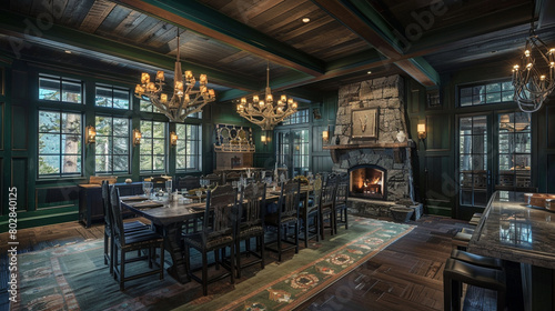 Lodge dining setting with dark green panels, rustic lights, and a stone hearth.