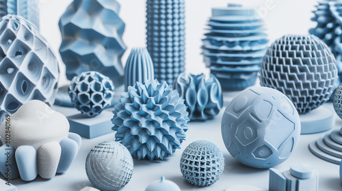 collection of blue  3D printed shapes on a white background, including geometric objects with various textures like smooth or textured surfaces photo
