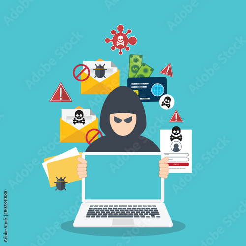 Hacker with laptop computer stealing confidential data, personal information and credit card detail. 