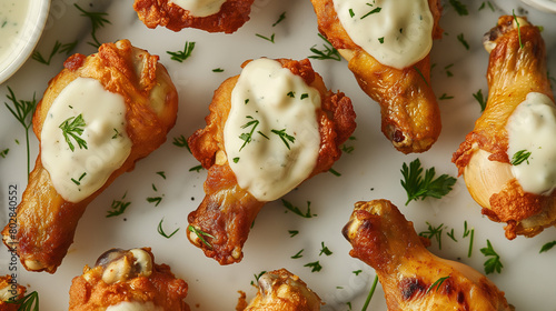 close up of airfried chicken drumsticks with ranch dressing on top photo