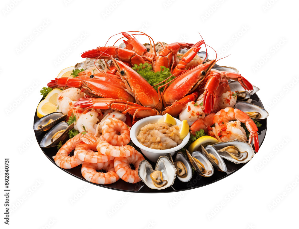 A fresh seafood platter featuring prawns, crab, oysters, and lemon slices garnished with parsley. Generative AI A fresh seafood platter featuring prawns, crab, oysters, and lemon slices garnished with parsley. Generative AI