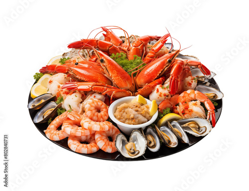 A fresh seafood platter featuring prawns, crab, oysters, and lemon slices garnished with parsley. Generative AI