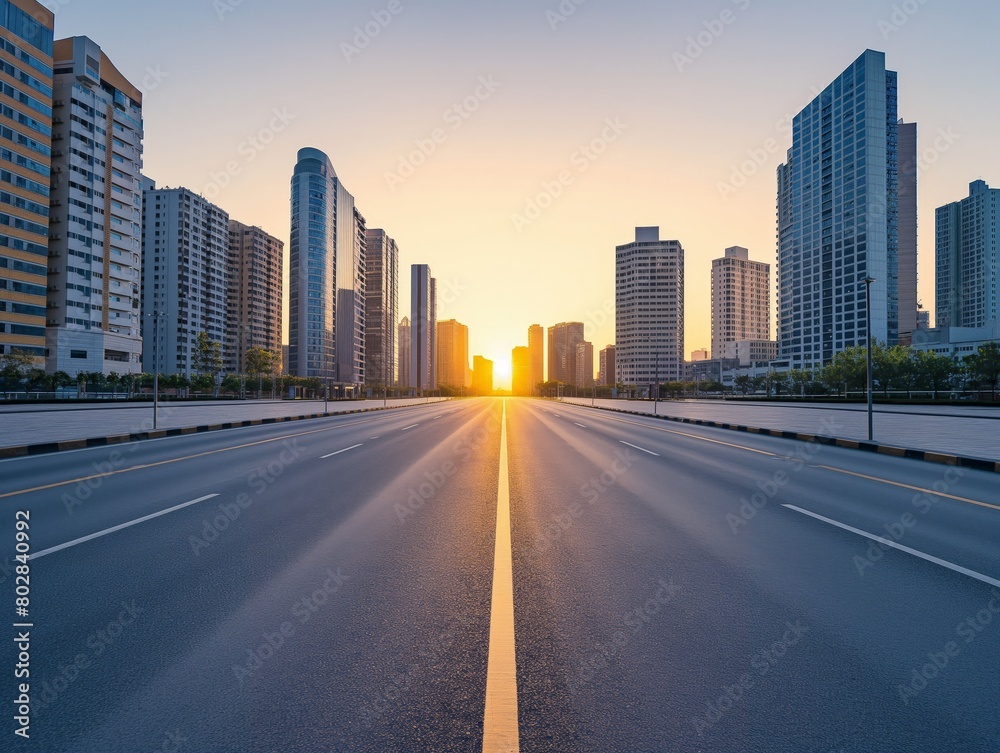 Sunrise breaks the horizon, casting a warm glow on an empty city street flanked by skyscrapers.