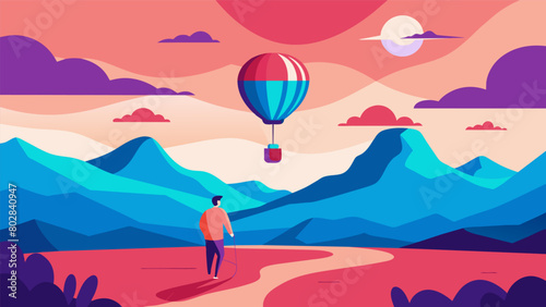 In a hot air balloon floating above a colorful landscape the patient takes in the breathtaking view while receiving ketamine therapy. The feeling of.