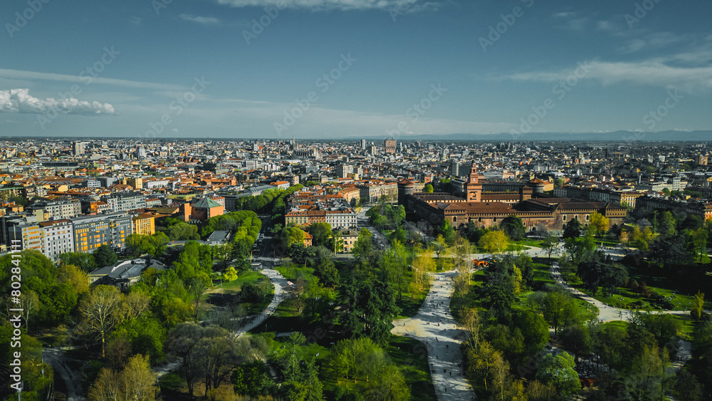 Beautiful view of the castle and city park. Aerial view photo of famous Sempione park in the heart of Milano, Lombardia, Italia