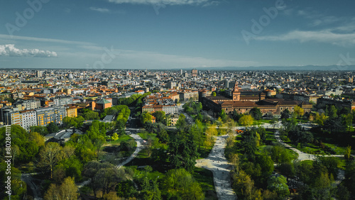 Beautiful view of the castle and city park. Aerial view photo of famous Sempione park in the heart of Milano, Lombardia, Italia