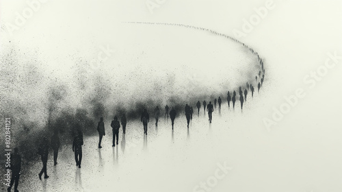 Ghostly silhouettes of people moving through a foggy winter night  creating an ethereal urban scene