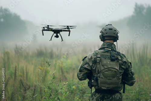 Soldat in Tarnanzug mit Drohne, hybride Kriegsführung, erstellt mit generativer KI photo