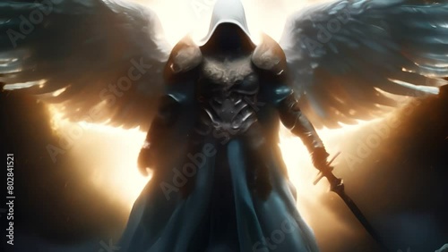 A mythical angel with white wings and armor.