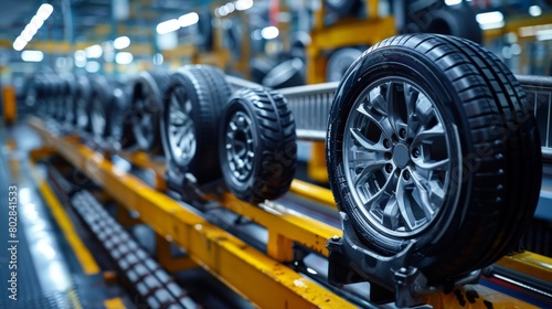 Wallpaper Mural A series of high-quality automotive wheels lined up on a production line in a modern manufacturing factory illuminated by bright lights. Torontodigital.ca