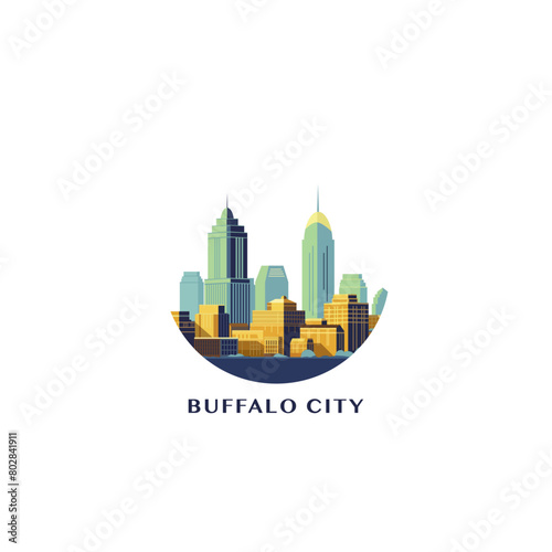 Buffalo City cityscape, vector badge, flat skyline logo, icon. USA, New York state round emblem idea with landmarks silhouettes. Isolated graphic