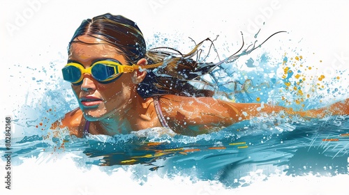 a sport women in swimming competition, color handdrawn on white background.