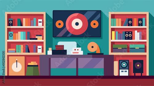 Step into this indie record shop and youll be transported into a world of music and art with curated shelves of records and rotating exhibitions from Vector illustration