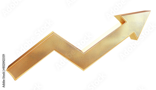 Gold up arrow success isolated on white 3d background with growth direction graph graphic symbol or golden economy stock profit chart icon element and investment financial achievement market