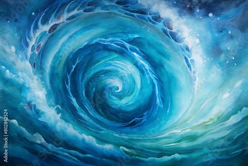 Oceanic Whirlpool  Deep blues and turquoise swirling together like a whirlpool of ocean waves  with splatters mimicking the frothy spray of seawater. 