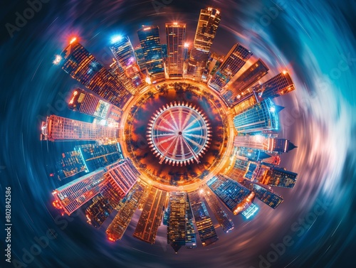 Circular fisheye view of a vibrant city at night, showcasing illuminated skyscrapers with dynamic light trails.