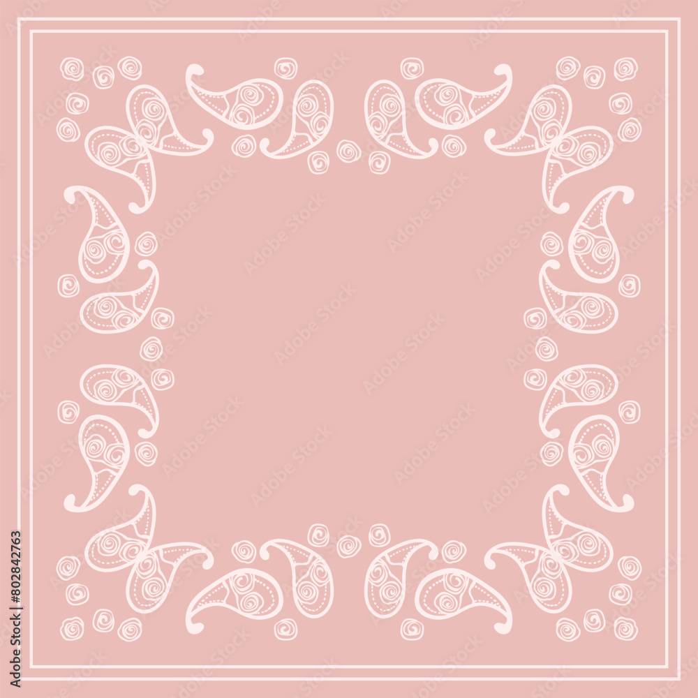 Print for kerchief, bandana, scarf, handkerchief, shawl, neck scarf. Squared pattern with ornament for fabric, textile, silk products. Paisley vector with abstract flowers. Floral folk tracery