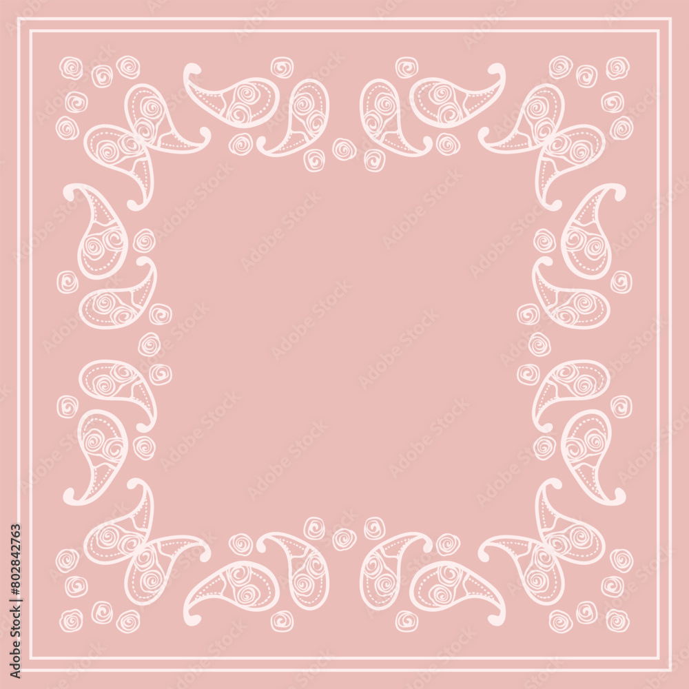 Print for kerchief, bandana, scarf, handkerchief, shawl, neck scarf. Squared pattern with ornament for fabric, textile, silk products. Paisley vector with abstract flowers. Floral folk tracery Print for kerchief, bandana, scarf, handkerchief, shawl, neck scarf. Squared pattern with ornament for fabric, textile, silk products. Paisley vector with abstract flowers. Floral folk tracery