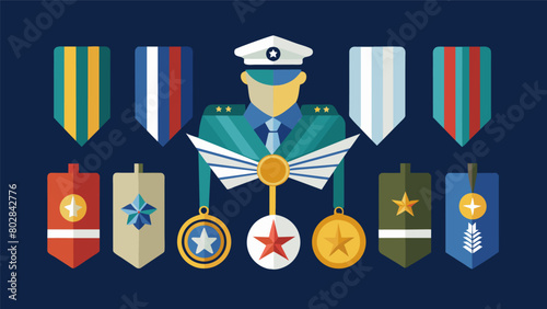 A display of military medals and decorations each with a description of its significance and the criteria for earning it. A visual representation of. Vector illustration