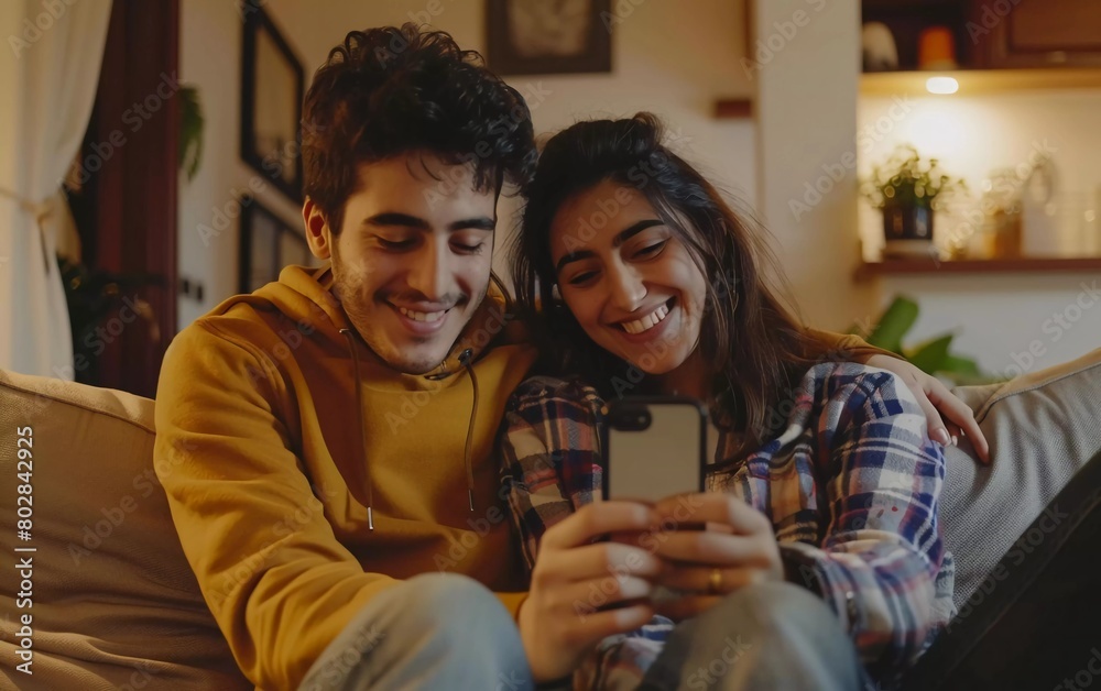 Smiling millennial couple enjoying watching mobile videos on mobile phone while sitting on sofa at home, positive teenage girl holding smart phone Smiling millennial couple enjoying watching mobile videos on mobile phone while sitting on sofa at home, positive teenage girl holding smart phone